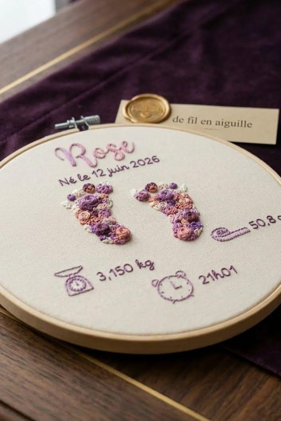 Tambour de naissance brodé personnalisé – Prénom bébé, empreintes florales brodées main – Cadeau naissance unique