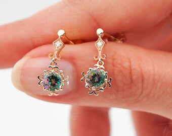 Pendientes únicos de topacio místico en oro macizo, pendientes vintage de diamantes en oro, pendientes de moissanita en oro, pendientes de boda de oro macizo, de Tali
