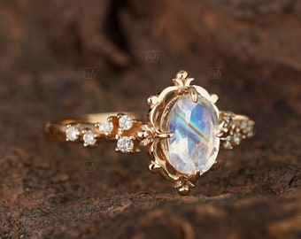 Vintage Moonstone Engagement Ring, Unique Solid Gold Diamond Ring, Moissanite Proposal Ring, Dainty Ring, Bridal Gold Ring, Statement Ring