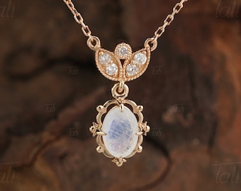 Collar vintage único de diamantes y piedra lunar en oro macizo de 14 quilates, colgante de moissanita en oro macizo de 10 quilates, delicado collar de diamantes y conjunto de collar de piedra lunar.