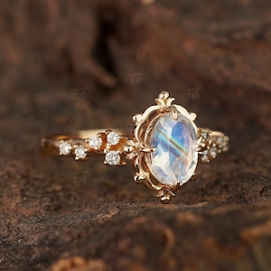 Vintage Moonstone Engagement Ring, Unique Solid Gold Diamond Ring, Moissanite Proposal Ring, Dainty Ring, Bridal Gold Ring, Statement Ring