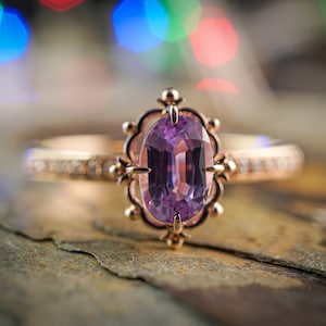 Vintage alexandrite diamond solid gold ring front view. Unique vintage color changing alexandrite ring. Solid gold diamond engagement Ring, 8K Solid gold moissanite ring. Ethical diamond dainty bridal ring front view, Tali Jewelry Ring