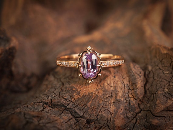 Unique Vintage Light Purple Alexandrite 14K Solid Gold Diamond Engagement Ring, 8K Solid Gold Moissanite Engagement Ring, Dainty Bridal Ring