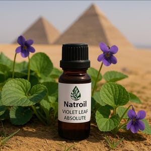 May include: A small brown glass bottle with a black cap, labeled "Natroil Violet Leaf Absolute". The bottle is sitting on a sandy surface with green leaves and purple flowers.