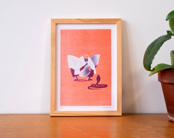 May include: A framed illustration of a person playing a flute to a snake. The person is wearing a turban and a white robe. The snake is coiled on the ground. The illustration is on a pink background. The frame is made of wood.