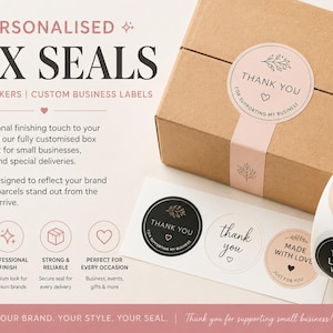 May include: Image of personalised box seals with the text "BOX SEALS" and "PARCEL STICKERS | CUSTOM BUSINESS LABELS". Round stickers with "THANK YOU" and "Handmade with love" are shown, alongside a brown box sealed with a pink label.