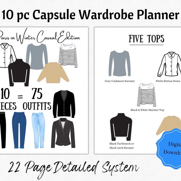 Capsule Wardrobe Planner, 10 pc, 75 Outfits, Paris Winter, Printable Planner, Travel Packing List, Minimalist, French Style,Capsule Wardrobe