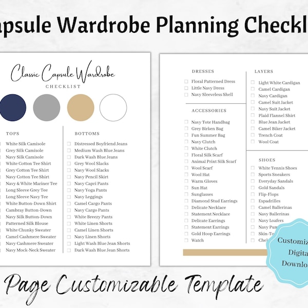 Capsule Wardrobe Planner, Customizable Digital Template, Capsule Wardrobe Checklist, Minimalist, Classic, Wardrobe Manager, Shopping List