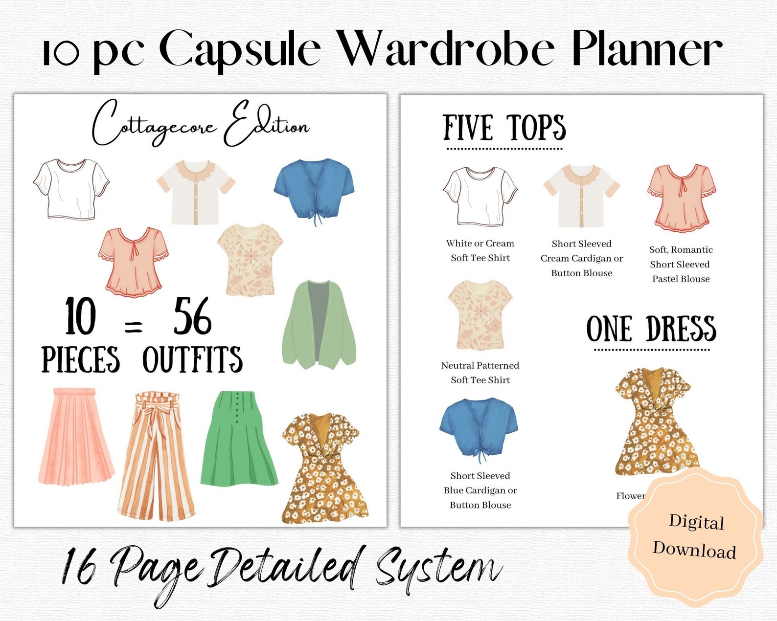 Capsule Wardrobe Planner, 10 Pc, 56 Outfits, Spring Cottagecore Capsule, Printable Planner ...