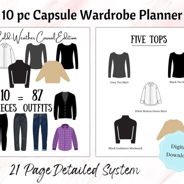 Capsule Wardrobe Planner, 10 pc, 87 Outfits, Cold Weather, Printable Planner, Travel Packing List, Minimalist, Classic, Capsule Wardrobe