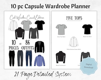 Capsule Wardrobe Planner, 10 pc, 84 Outfits, Cool Weather, Printable Planner, Travel Packing List, Minimalist, Classic, Capsule Wardrobe