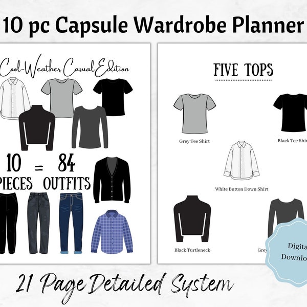 Capsule Wardrobe Planner, 10 pc, 84 Outfits, Cool Weather, Printable Planner, Travel Packing List, Minimalist, Classic, Capsule Wardrobe