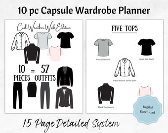 Capsule Wardrobe Planner, 10 pc, 57 Outfits, Cool Weather, Printable Planner, Travel Packing List, Minimalist,Work Classic, Capsule Wardrobe
