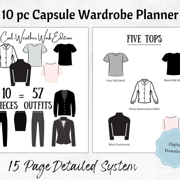 Capsule Wardrobe Planner, 10 pc, 57 Outfits, Cool Weather, Printable Planner, Travel Packing List, Minimalist,Work Classic, Capsule Wardrobe