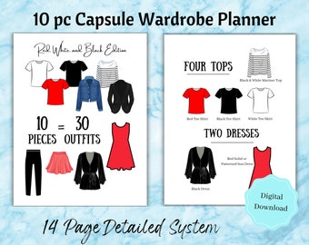 Capsule Garderobe Planner, 10 pc, 30 outfits, Rood Wit & Zwart, Afdrukbare Planner, Reispaklijst, Minimalistisch, Klassiek, Capsule Garderobe