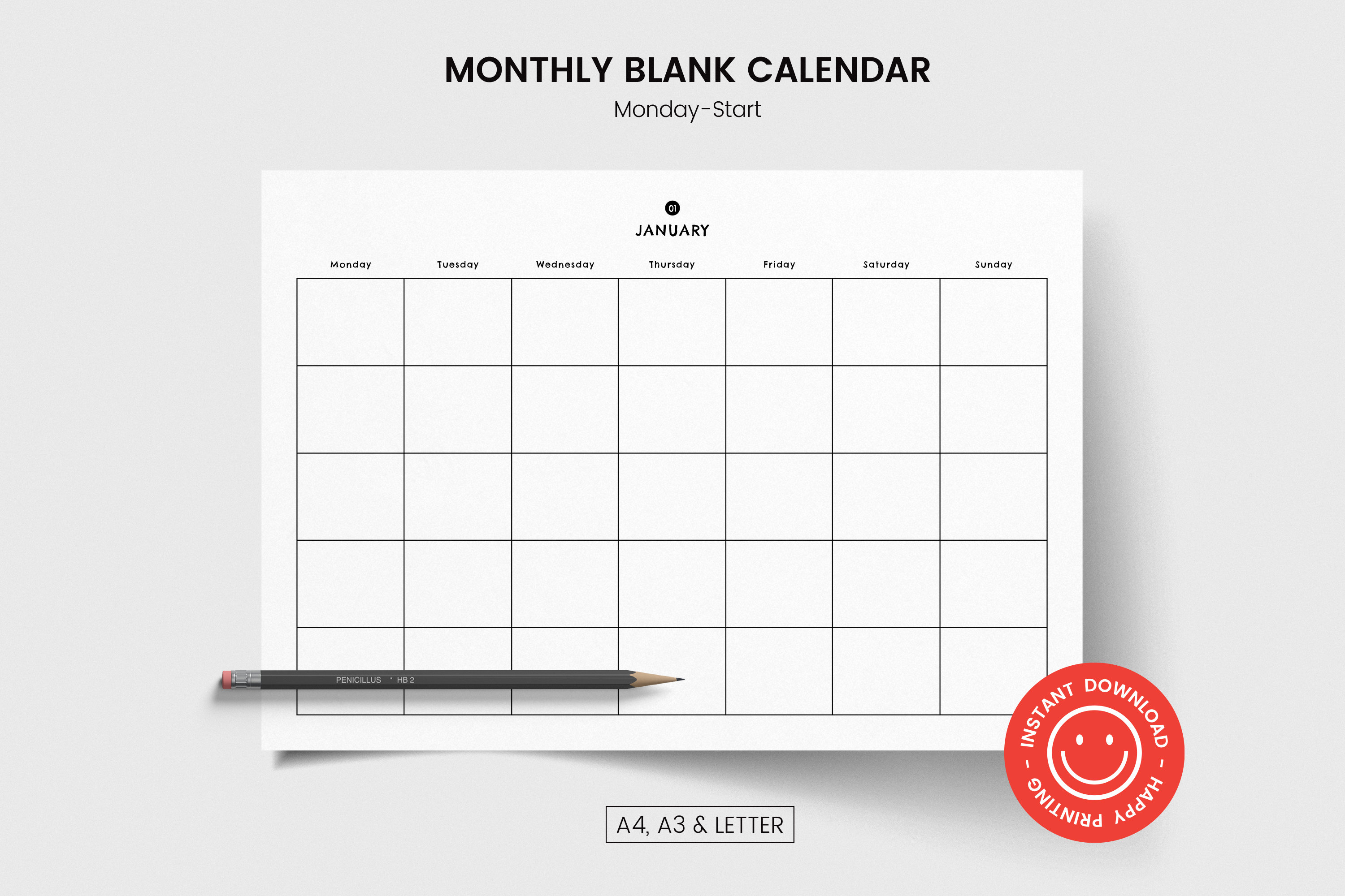 Monthly Blank Calendar monday-start, Printable Simple Calendar, A4, A3 ...
