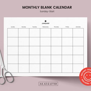 Monthly Blank Calendar sunday-start, Printable Simple Calendar, A4, A3 ...