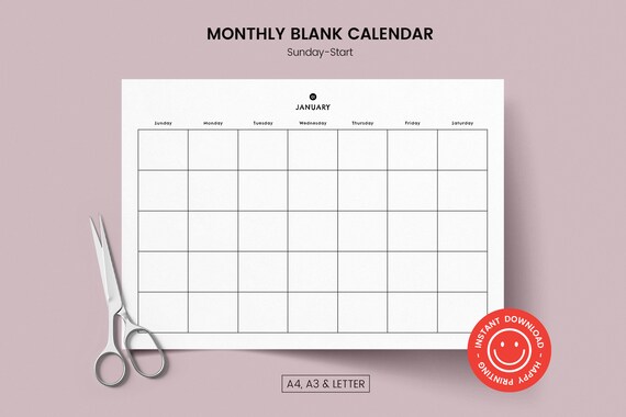 Monthly Blank Calendar sunday-start Printable Simple - Etsy