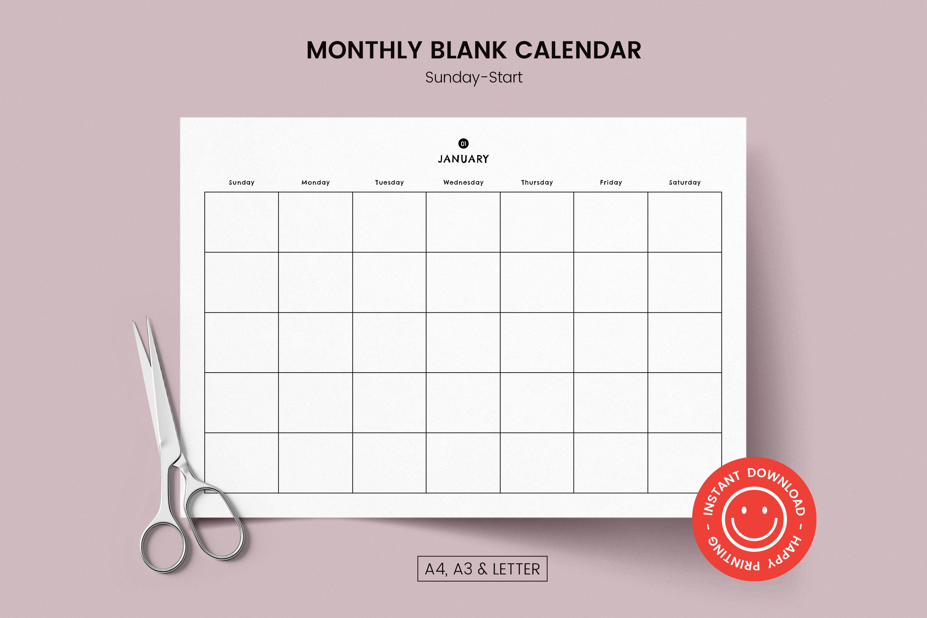 Monthly Blank Calendar sunday-start, Printable Simple Calendar, A4, A3 ...