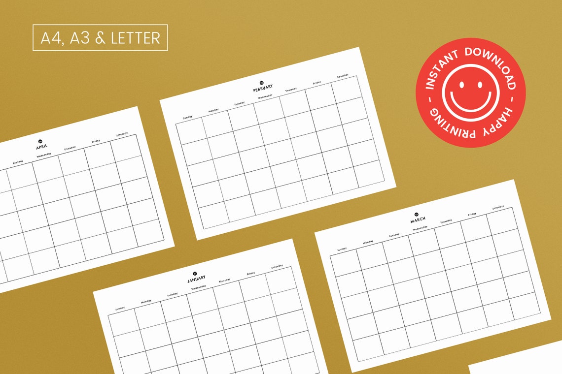 Monthly Blank Calendar sunday-start, Printable Simple Calendar, A4, A3 ...