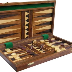 Handcrafted Wooden Backgammon Set with Inlaid Board, Checkers, Dice and Folding Case – Perfect Travel & Home Classic Board Game Gift