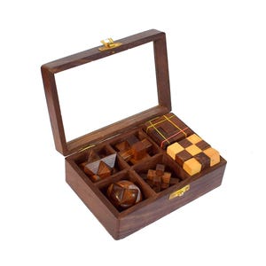 Handcrafted Wooden Puzzle Game Set of 6  in Storage Box | Brain Teasers & IQ Games for Adults and Kids | Classic Mind Challenge Toys