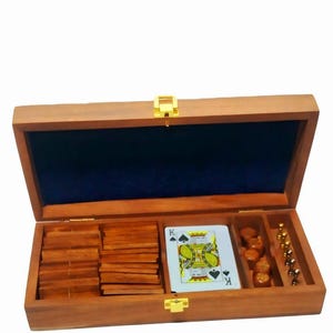 de poker en bois haut de gamme avec cartes à jouer, dés et jetons | Coffret cadeau casino fait main pour hommes, garçons d'honneur, fêtes et soirées jeux