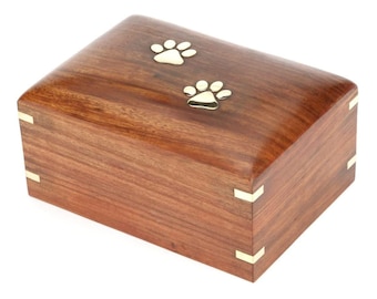 Wooden Cat Urn, Pet Ashes Memorial Keepsake, Brass Paw Print Urn