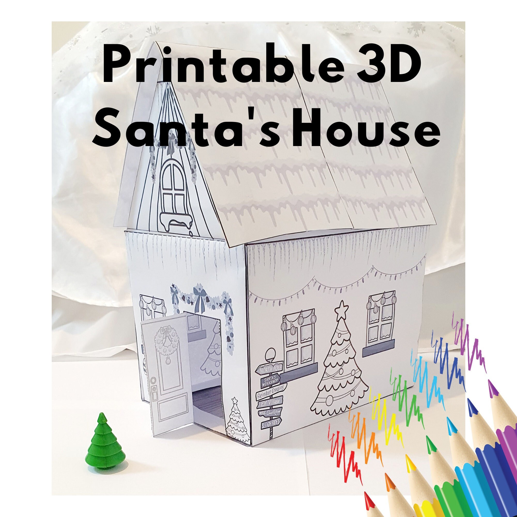 Santa House 3D Paper Printable Kids Kit PDF Craft, Father Christmas ...