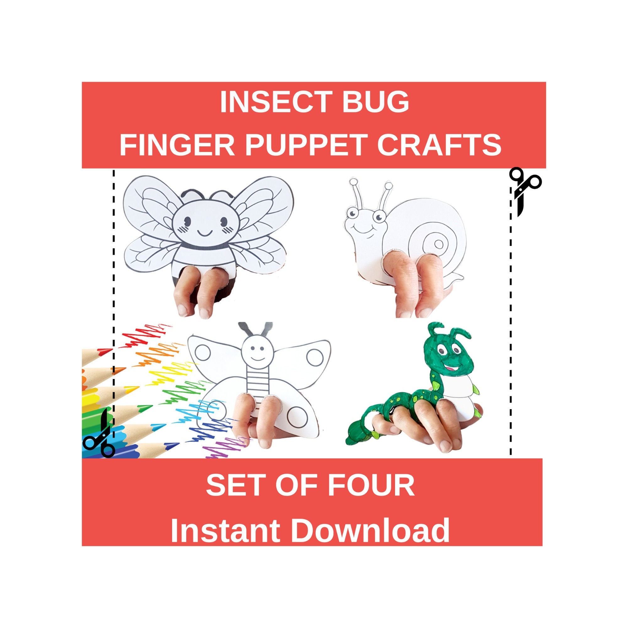 insect finger puppet set: printable colouring craft (pdf download