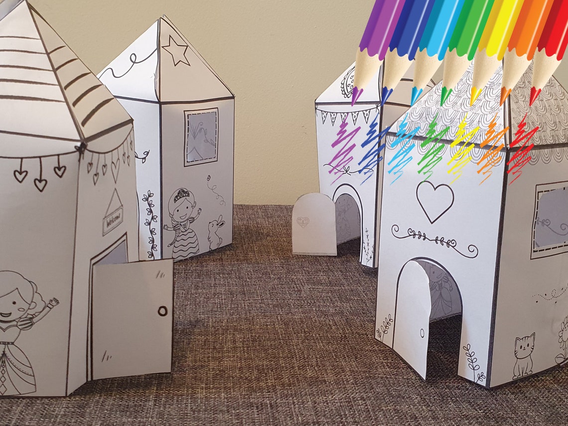 Princess Houses 3D Colouring/coloring Printable Templates ,paper Card