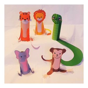 Cinco animales de Safari en la Selva Rollo de papel higiénico Manualidades Kit imprimible para niños Plantillas de manualidades en PDF Mono Tigre León Serpiente Elefante Kit de actividades