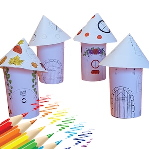 Maisons de fées pour enfants à découper et à fabriquer Coloriage 3D/Création manuelle à colorier Modèles imprimables de maisons de jeu Carte en papier PDF Ensemble de jeu Jouet Ensemble de 4