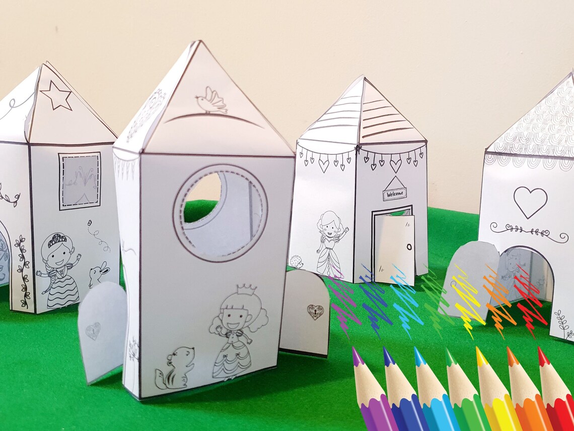 Princess Houses 3D Colouring/coloring Printable Templates ,paper Card
