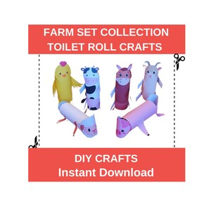 DIY Zes boerderijdieren set collectie toiletrolpapier knutselen afdrukbare kinderkit PDF ambachtelijke sjablonen om papieren kaarten te knippen en te maken voor kinderen