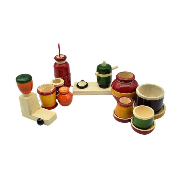 Channapatna Toys Traditional Wooden Cooking/Kitchen Toys Play Set for Girls, Kids -14 Pieces  Set - Multicolor- Pretend & Play Toy