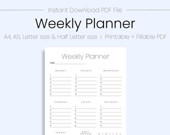 Planificador semanal imprimible, Carta A4/A5/US, Descarga instantánea, Plantilla de planificador semanal, Planificador semanal simple, Planificador imprimible