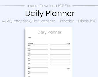 Planificador diario imprimible, Carta A4/A5/US, Descarga instantánea, Plantilla de planificador diario, Planificador diario simple, Planificador imprimible