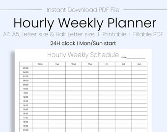 Weekly 24h Hourly Planner Printable, 24h clock, A4/US Letter, Instant Download, Hourly Planner, Simple Weekly Planner, Printable planner