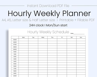 Planificador semanal de 24 horas imprimible, reloj de 24 horas, carta A4/EE. UU., Descarga instantánea, Planificador por horas, Planificador semanal simple, Planificador imprimible