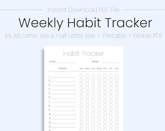 Seguimiento de hábitos semanal imprimible, carta A4/A5/US, descarga instantánea, plantilla de seguimiento de hábitos, seguimiento de rutina, seguimiento de hábitos simple