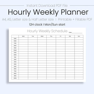 May include: A black and white printable hourly weekly planner with a grid layout. The planner is divided into days of the week, with columns for Monday through Sunday. Each column is further divided into hourly time slots from 5 AM to 10 PM. The planner is designed for use with a 12-hour clock and starts on Monday.
