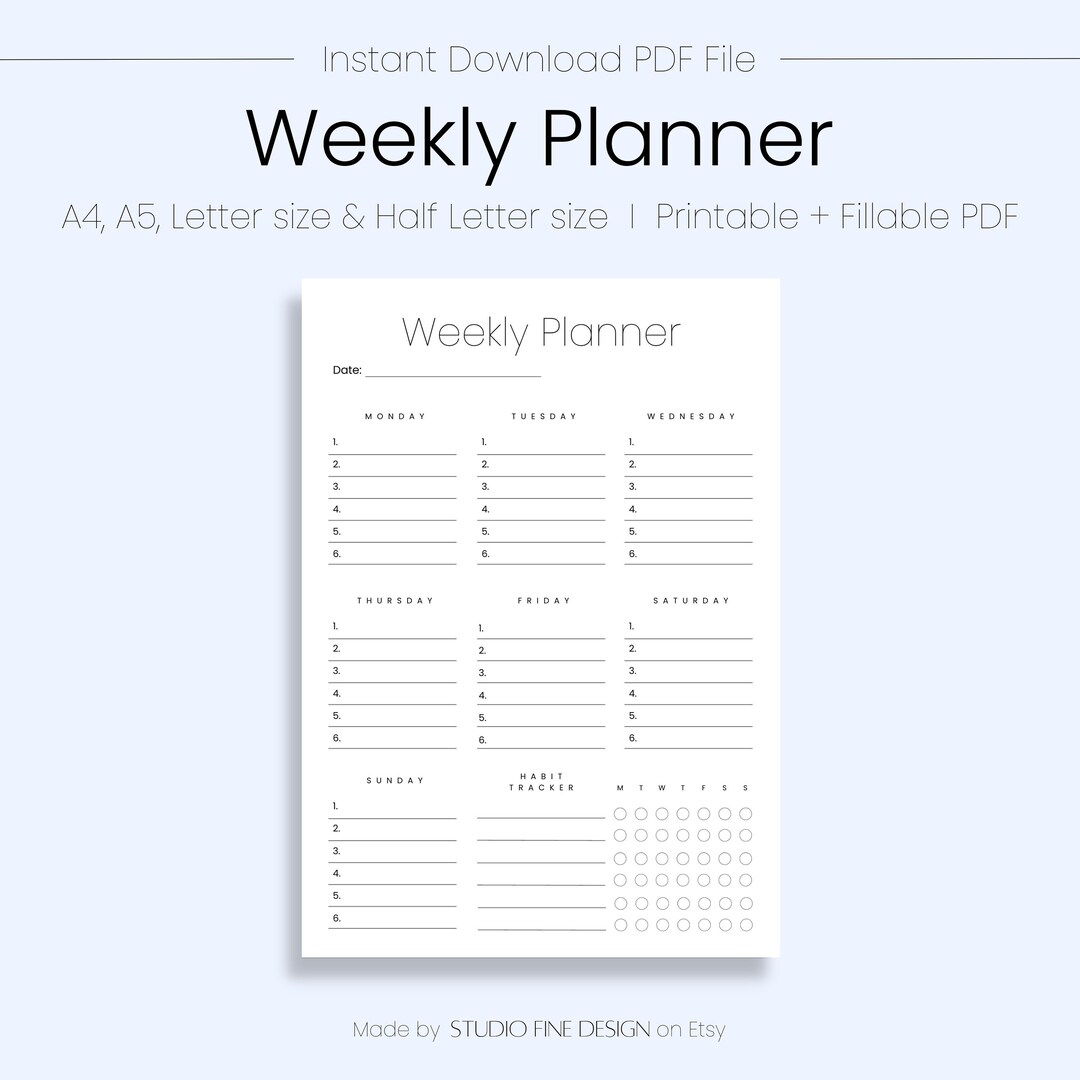 Weekly Planner Printable A4/A5/US Letter Instant Download - Etsy Australia