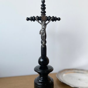 Antique Black Altar Cross | Wooden Crucifix with White Caps | French Religious Art | 19th Century Church Decor