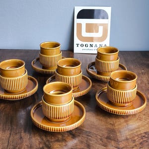 Juego de café espresso italiano vintage de 6 tazas y 6 platillos Tognana MCM, década de 1960, de gres esmaltado marrón, demitasse, estilo moderno de mediados de siglo