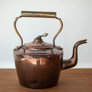 Antique Copper Kettle with Brass Handle and Spout Vintage Tea Pot c.1900 Rustic Farmhouse Hearth Decor English Style Copperware