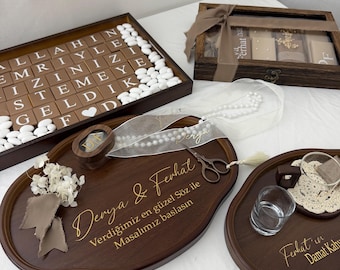 Kiz İsteme Seti – Conjunto de compromiso personalizado | Nisan Tepsisi, Damat Kahvesi, Yüzük Tepsisi y caja de chocolates