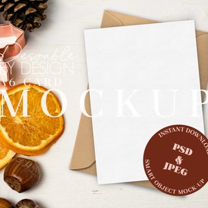 A6 Portrait PSD Smart Object Blank Greeting Card Stationery Mockup, Minimalist Christmas Festive Holidays Themed, Winter Wedding Flatlay
