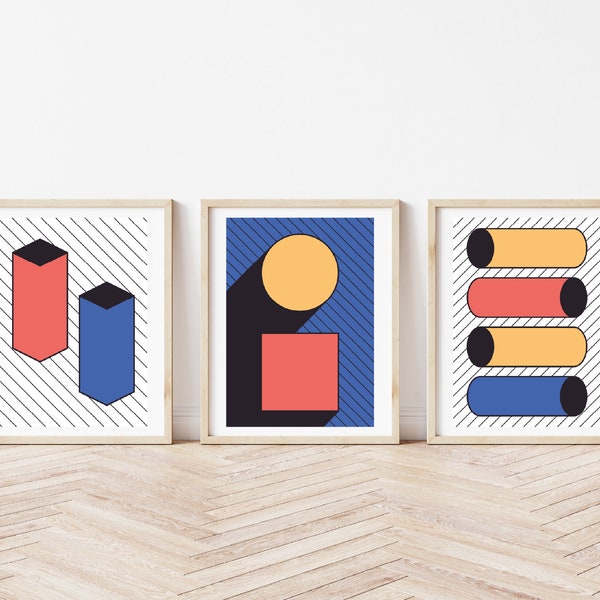 Set of 3 80s Memphis Style Print A3 | Save 10% | Digital Print | Geometric Design | Blue, Red, Yellow | Instant Digital Download