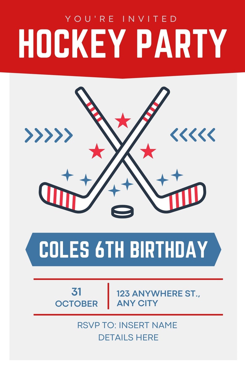 Hockey Party Invitation. Hockey Birthday Party, Sports Themed Digital Download. Customizable